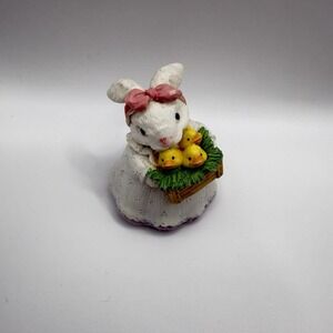 Vintage Hand Painted Figure White Bunny Holding A Basket Full Of Yellow Chicks